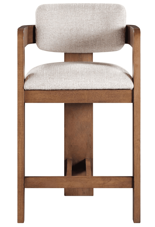 A contemporary counter stool featuring a medium brown wooden frame with integrated armrests, a rectangular upholstered backrest, and a padded upholstered seat. A wooden footrest is integrated into the front support structure. — 3D model