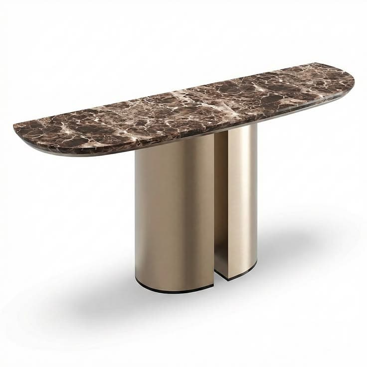 A modern console table featuring a D-shaped, highly polished dark marble top with intricate white and brown veining, supported by two robust, semi-cylindrical metal pedestals in a brushed champagne or bronze finish. The pedestals are separated by a central gap, giving the base a contemporary and minimalist aesthetic. — 3D model