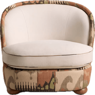 An upholstered barrel accent chair featuring a curved back and armrests, with a separate seat cushion. The chair's back and inner seat are upholstered in a plain cream fabric, while the outer shell and base are covered in a vibrant, multi-colored Ikat pattern. The chair rests on small, rounded wooden bun feet. — 3D model