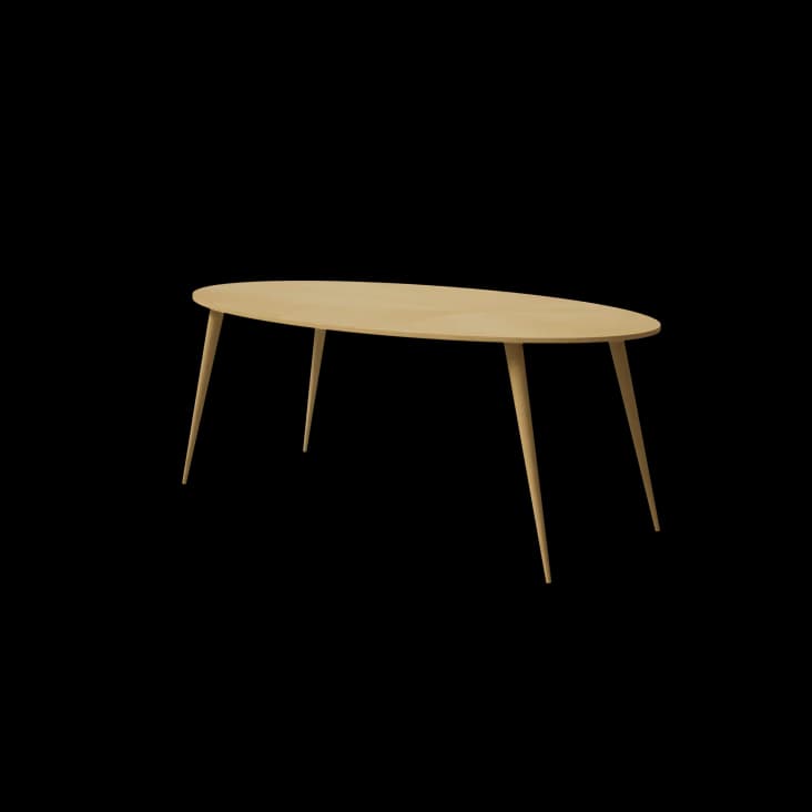 A modern coffee table featuring an oval-shaped top and four slender, angled, tapered legs, all constructed from light-toned wood. The design is minimalist and clean. — 3D model