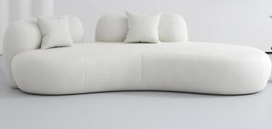 A contemporary sofa featuring a curvilinear, organic form, upholstered in a textured white fabric, and accompanied by small, matching throw pillows. The backrest is composed of distinct, rounded sections. — 3D model