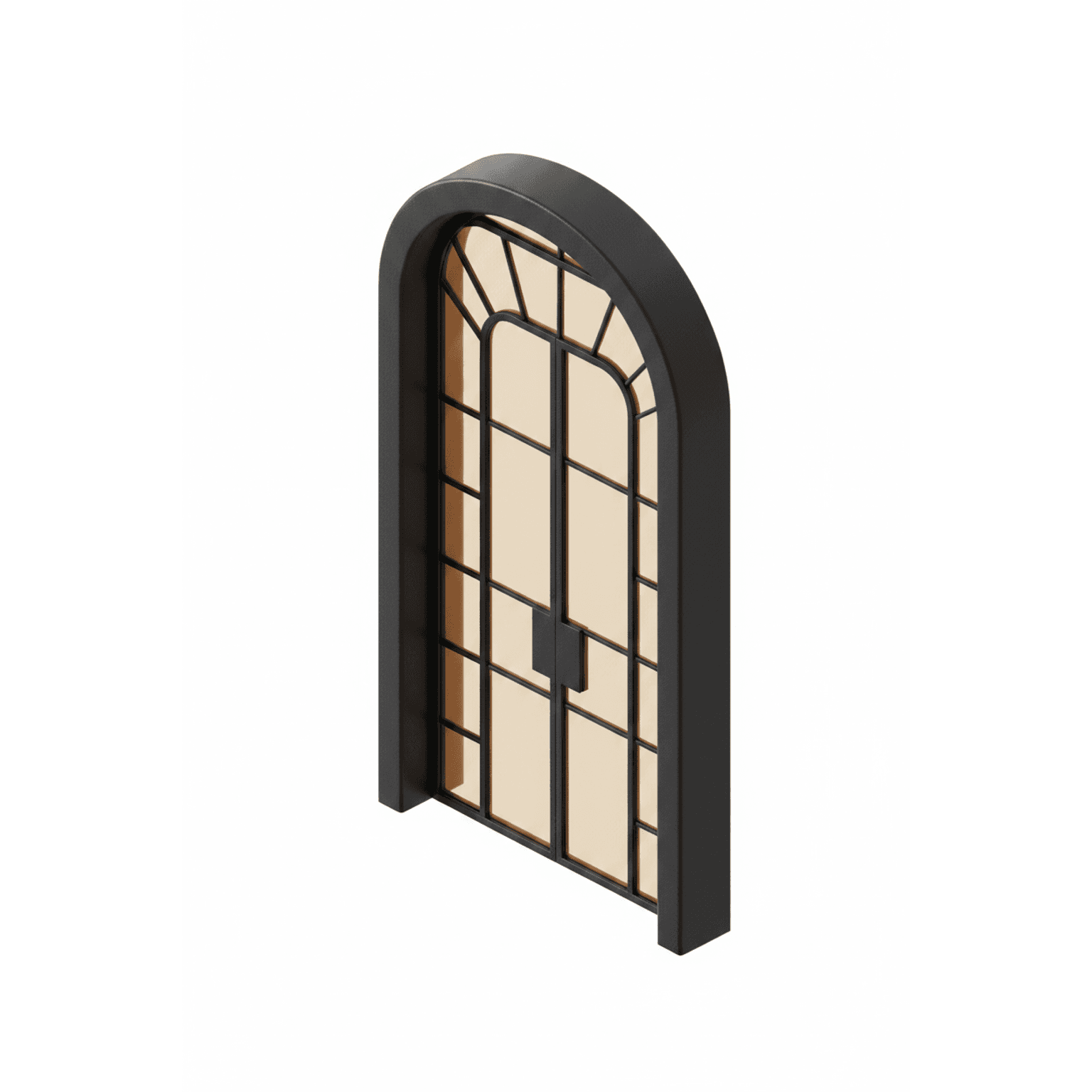A black metal framed door with an arched top and segmented glass panels. The door features a double door configuration with two vertical handles centrally located on the dividing line. The glass panels are tinted a warm, translucent beige. The frame is robust and appears to be made of metal with a matte black finish. — 3D model