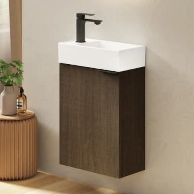 A modern, wall-mounted vanity unit with a rectangular basin and a matte black faucet. The unit features a two-tone design, with a white ceramic or composite basin integrated into the top surface, and a dark wood-grain cabinet base. The cabinet has a minimalist, handle-less design. — 3D model