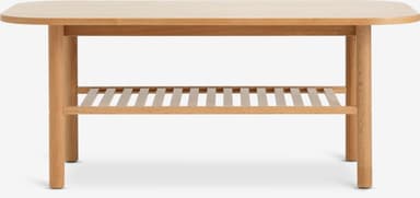 A light-toned wooden coffee table featuring an oval-shaped top and a slatted lower shelf. The table has four cylindrical legs. The wood appears to be oak, with a natural finish, and all edges are softly rounded for a refined aesthetic. The slatted shelf provides additional storage or display space. — 3D model
