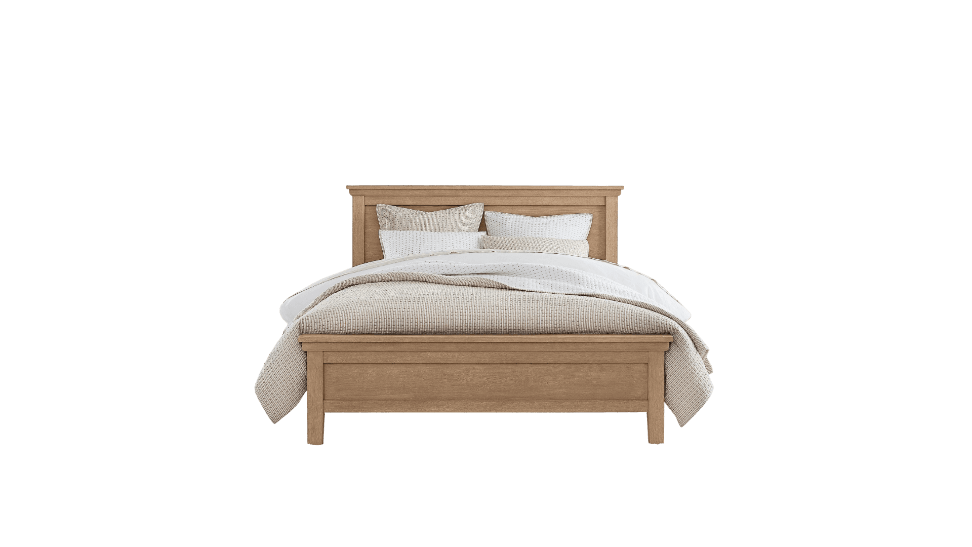 A wooden bed frame with a headboard and footboard, made of light-colored wood with a visible grain. The bed is dressed with several pillows and bedding, including a quilt and a duvet. The style appears to be contemporary or transitional. — 3D model