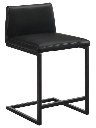A contemporary black bar stool featuring a sleek, armless design. It consists of a padded seat and a slightly tapered backrest, both upholstered in black material, likely faux leather or PU. The stool is supported by a square-profile black metal frame, which includes an integrated footrest for comfort. The overall aesthetic is minimalist and modern. — 3D model