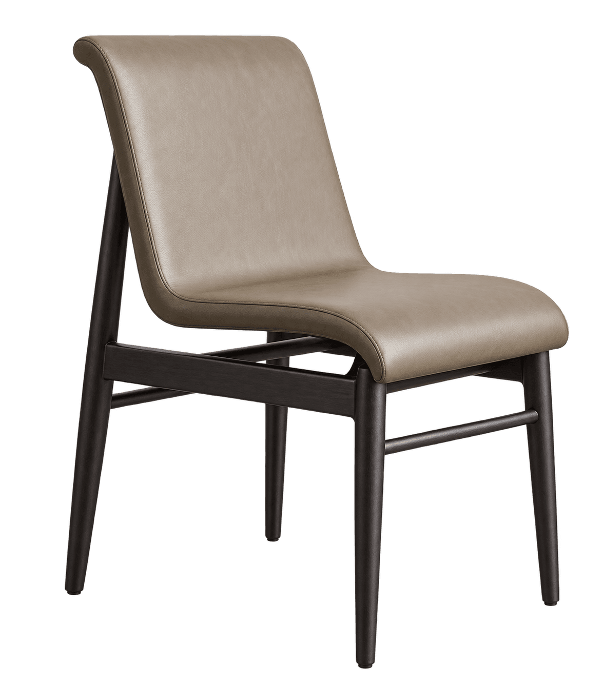 An armless dining chair featuring a dark stained wooden frame and a fully upholstered seat and back in a light taupe or beige leatherette material. The design is modern, with gently curved and contoured surfaces for the seating area and slender, tapered legs. — 3D model
