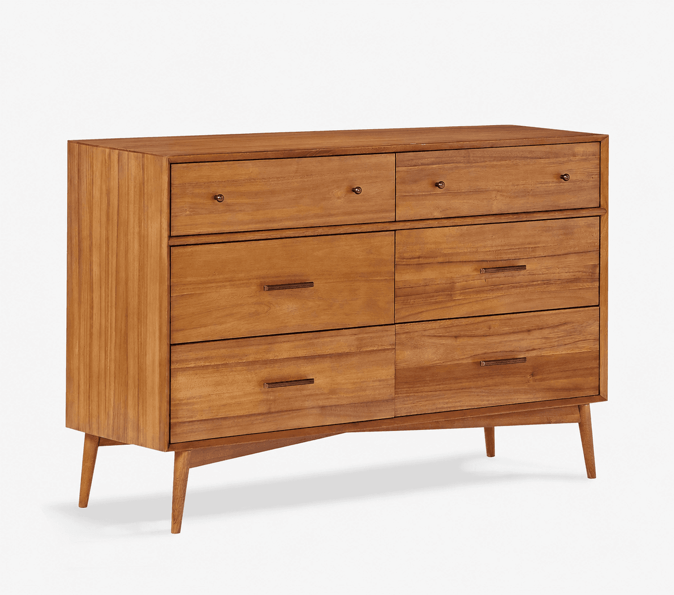 A medium-toned wooden dresser with six drawers, featuring a mid-century modern aesthetic with tapered splayed legs and a combination of knob and bar pulls. — 3D model