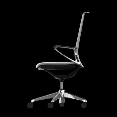 A modern ergonomic office task chair featuring a high back and upholstered seat, both in a light grey herringbone fabric. It has polished chrome/aluminum frame details, armrests with black pads, and a five-star caster base made of polished metal, all against a black background. — 3D model