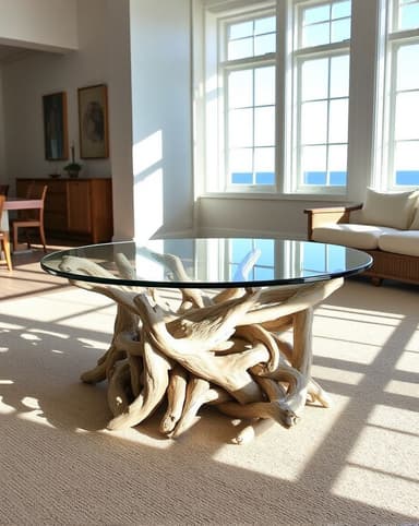 A coffee table featuring a circular glass top supported by a base constructed from intertwining, bleached wood branches. The base has a sculptural, organic form reminiscent of driftwood. — 3D model