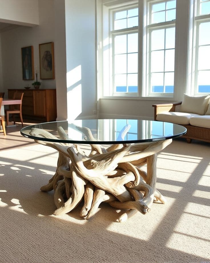 A coffee table featuring a circular glass top supported by a base constructed from intertwining, bleached wood branches. The base has a sculptural, organic form reminiscent of driftwood. — 3D model