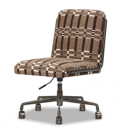An armless swivel office chair featuring a brown, beige, and white plaid-patterned fabric upholstery. The chair is supported by a five-star base with casters and a pneumatic lift for height adjustment, all constructed from a dark bronze or gunmetal finished metal. The backrest and seat are generously padded. — 3D model