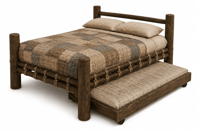 A rustic style bed featuring a robust log-frame construction, equipped with a pull-out trundle bed underneath. The main bed is adorned with a patchwork quilt and pillows, suggesting a cozy, cabin-like aesthetic. — 3D model