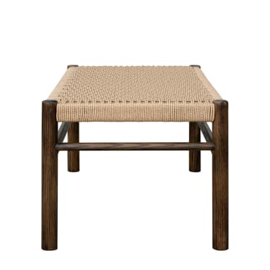 A minimalist bench featuring a dark stained wooden frame and a tightly woven natural fiber seat. — 3D model