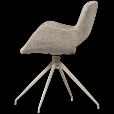 A modern upholstered swivel accent chair featuring a sculpted, bucket-style seat with integrated armrests. The chair is covered in a light, textured fabric and is supported by a four-leg splayed metal base finished in a matching light color. The design emphasizes comfort and contemporary aesthetics. — 3D model