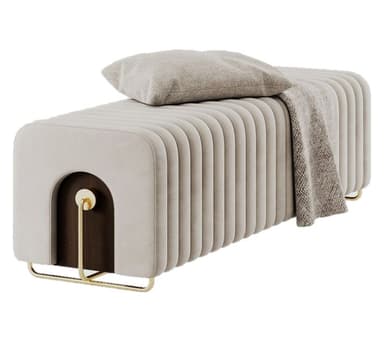 A modern rectangular bench featuring continuous ribbed upholstery in a light beige or cream color. The bench is supported by a minimalist, U-shaped brass frame that integrates into the structure, visible at both ends. One end incorporates a distinctive arched cut-out revealing a dark wood interior with a central brass disc and rod detail. — 3D model