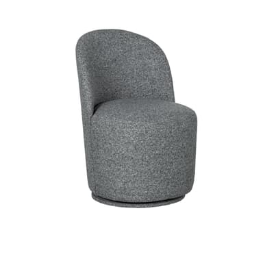 A modern upholstered accent chair featuring a barrel-like form and a swivel base, covered in a textured grey fabric. The chair's back is gently curved, indicating a comfortable and supportive design. The base is subtly recessed, creating a floating effect. It is photographed against a white background. — 3D model