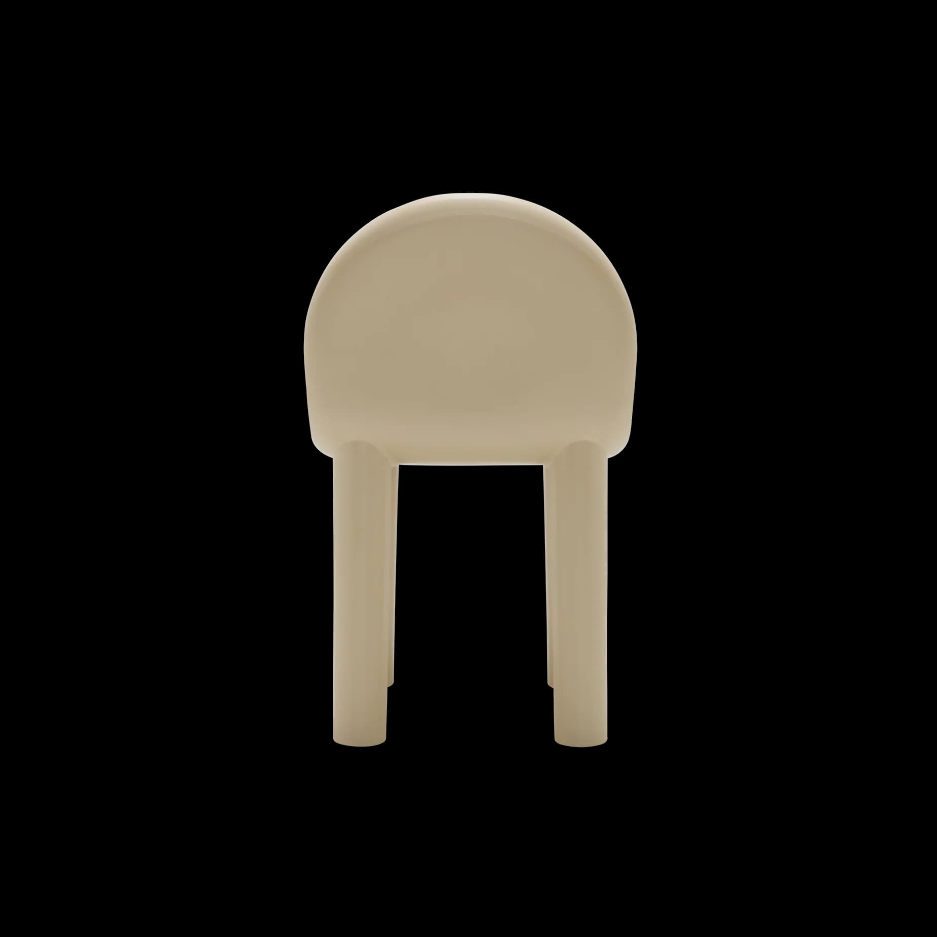 A minimalist, monolithic stool or small side table with a rounded, semicircular top and four integrated cylindrical legs, crafted from a light beige molded material. — 3D model