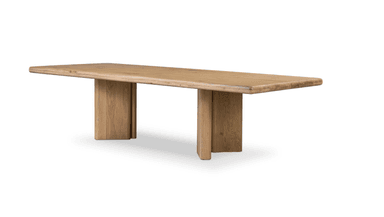 A modern rectangular dining table crafted from light-colored solid wood, likely oak, featuring a thick tabletop with softened edges supported by two prominent, rectangular pedestal bases. — 3D model