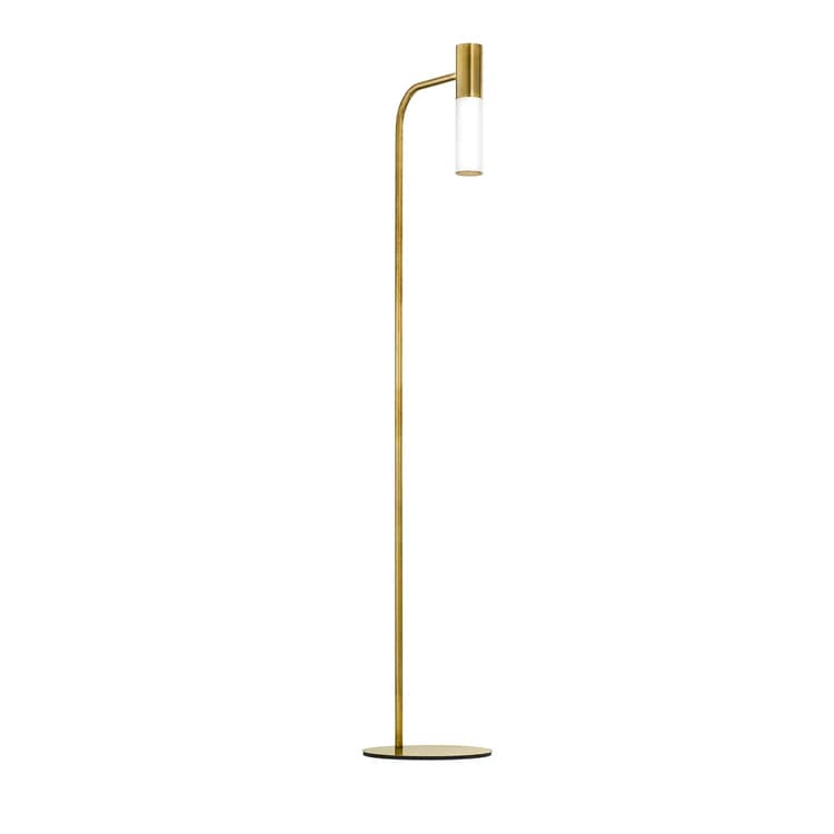 A minimalist floor lamp with a slender, curved brass stem. The stem terminates in a cylindrical fixture housing a frosted glass shade, which emits light. The base is a thin, circular brass plate. — 3D model