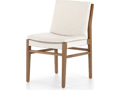 A contemporary armless chair featuring a light-toned solid wood frame and upholstered seat and back in a neutral off-white fabric. — 3D model