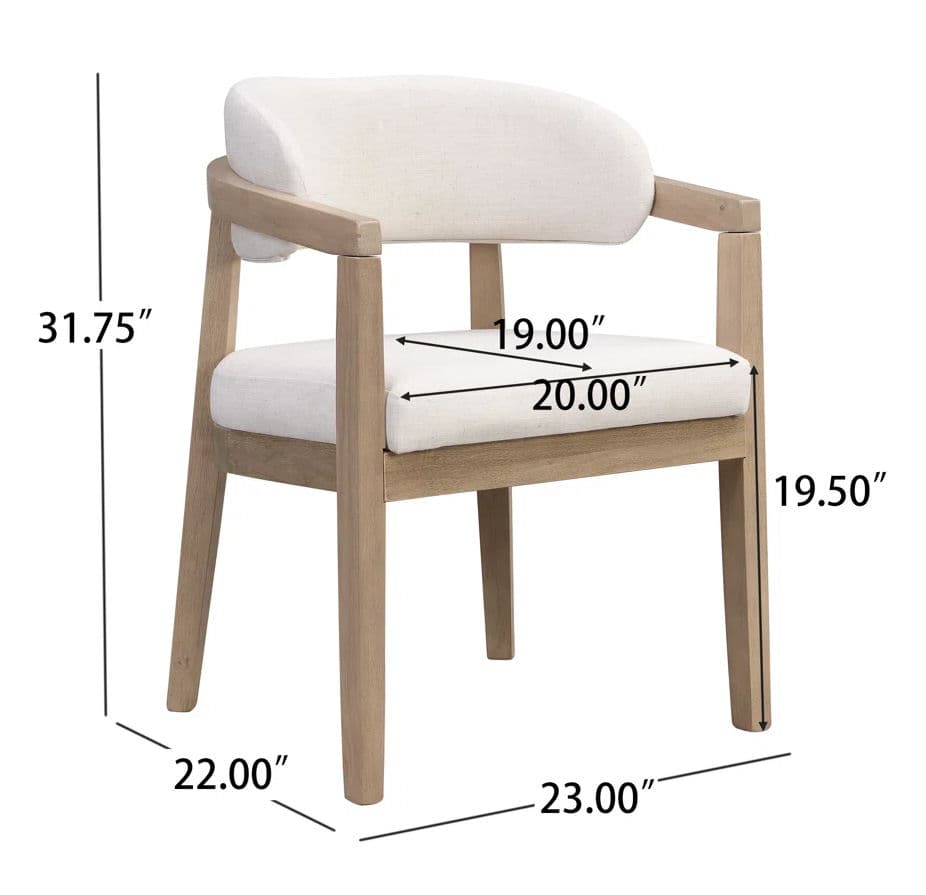 A contemporary armchair featuring a light-toned wooden frame and off-white upholstered seat, backrest, and armrests. The backrest has a distinct curved shape, providing a comfortable embrace. The frame is constructed with straight lines for the legs and arm support, creating a clean, modern aesthetic. — 3D model