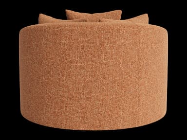 A cylindrical ottoman upholstered in a textured fabric. It has two small, triangular back cushions attached to the top surface, angled outwards. The upholstery features a subtle weave with variations in color, creating a speckled appearance. — 3D model