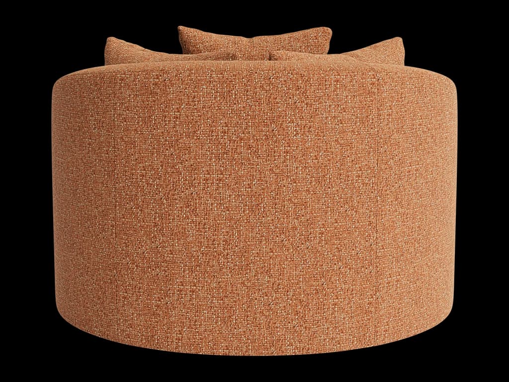 A cylindrical ottoman upholstered in a textured fabric. It has two small, triangular back cushions attached to the top surface, angled outwards. The upholstery features a subtle weave with variations in color, creating a speckled appearance. — 3D model