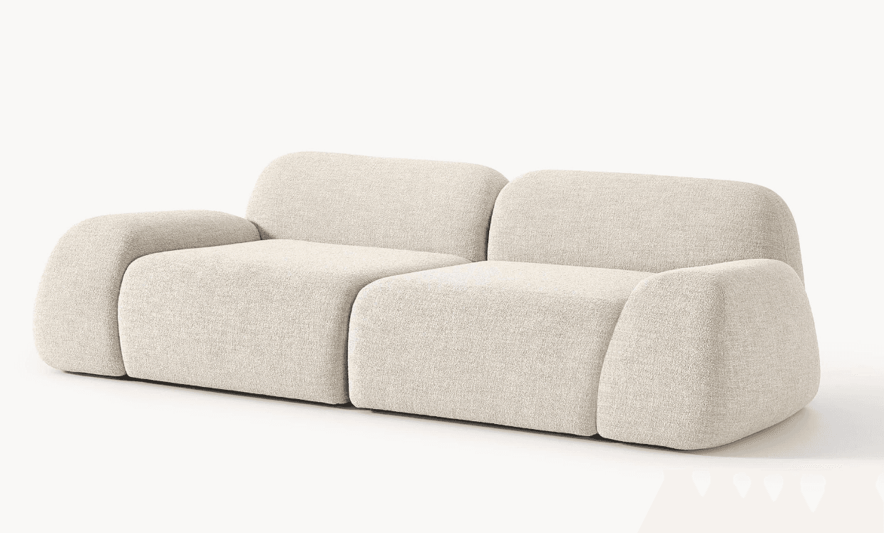 A contemporary two-seater modular sofa with soft, rounded forms and a low-profile design, upholstered in a light, textured fabric. — 3D model
