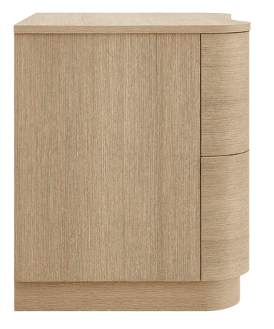 A two-drawer nightstand with a curved, modern design. The unit features rounded edges and a continuous wood grain pattern across the drawer fronts and body. The drawers appear to be handle-less, likely opening via a push-to-open mechanism. The base has a subtle curved plinth. — 3D model