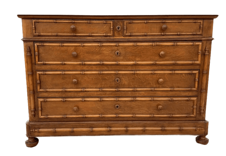 A wooden chest of drawers with a faux bamboo motif. It features a top surface with two smaller drawers, followed by four larger drawers below. Each drawer front is decorated with horizontal faux bamboo elements and has a circular knob or a keyhole. The sides of the chest have decorative vertical elements, also resembling bamboo. The piece stands on turned feet. — 3D model
