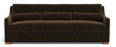 A contemporary upholstered sofa, viewed from a rear-side angle, featuring straight track arms, a slightly sloped back, and short block-style wooden feet. The entire piece is covered in a dark brown, subtly textured fabric. — 3D model