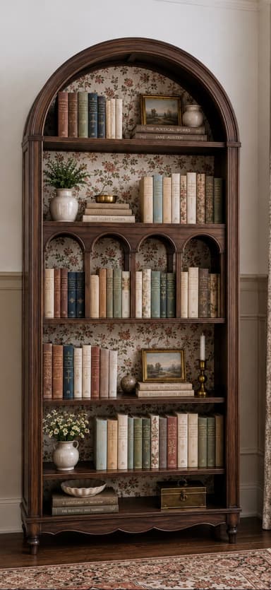 A tall, dark brown wooden bookcase featuring an arched top and a decorative floral wallpaper lining the back panel. It has multiple open shelves of varying heights, some with arched dividers, filled with books and decorative objects. The base features a scalloped apron and stands on turned bun feet. — 3D model