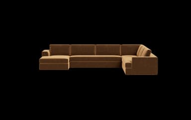A large, U-shaped sectional sofa with a chaise lounge extension. The sofa features deep seating, plush cushions, and a low profile. It is upholstered in a textured fabric with a rich, warm tone. — 3D model