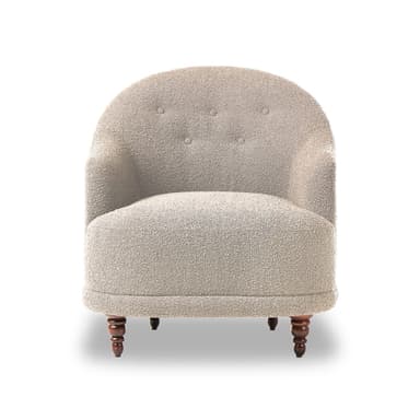 An upholstered barrel-back accent chair featuring a light-colored, textured boucle fabric, button tufting on the backrest, and four turned wooden legs. — 3D model