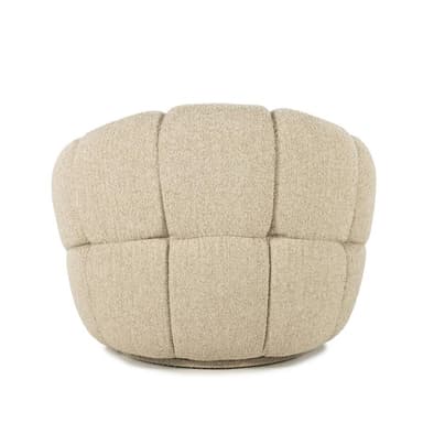 A round, upholstered armchair with a distinctive segmented design. The cushioning is deep and appears plush, creating a rounded, organic form. The upholstery has a textured, boucle-like appearance and is a neutral beige color. The chair seems to be low to the ground and has a substantial, enveloping feel. — 3D model