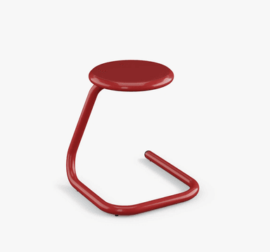 A modern, single-piece stool with a circular seat and a cantilevered base. The structure is formed from a single, curved tube that extends from the seat downwards, forms a horizontal base, and then curves upwards at the end. A small black component is visible beneath the seat, possibly for adjustment or stability. — 3D model