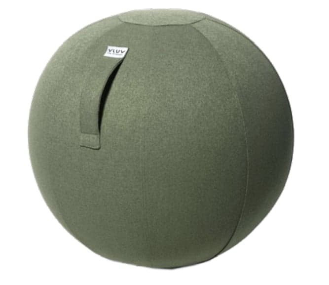 An olive-green fabric-covered stability ball designed for active sitting, featuring tailored seams and an integrated handle. — 3D model