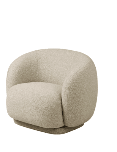 A modern armchair with a rounded, organic silhouette. The armchair features a plush, textured upholstery and a low-profile, circular base. Its design emphasizes comfort and a contemporary aesthetic. — 3D model