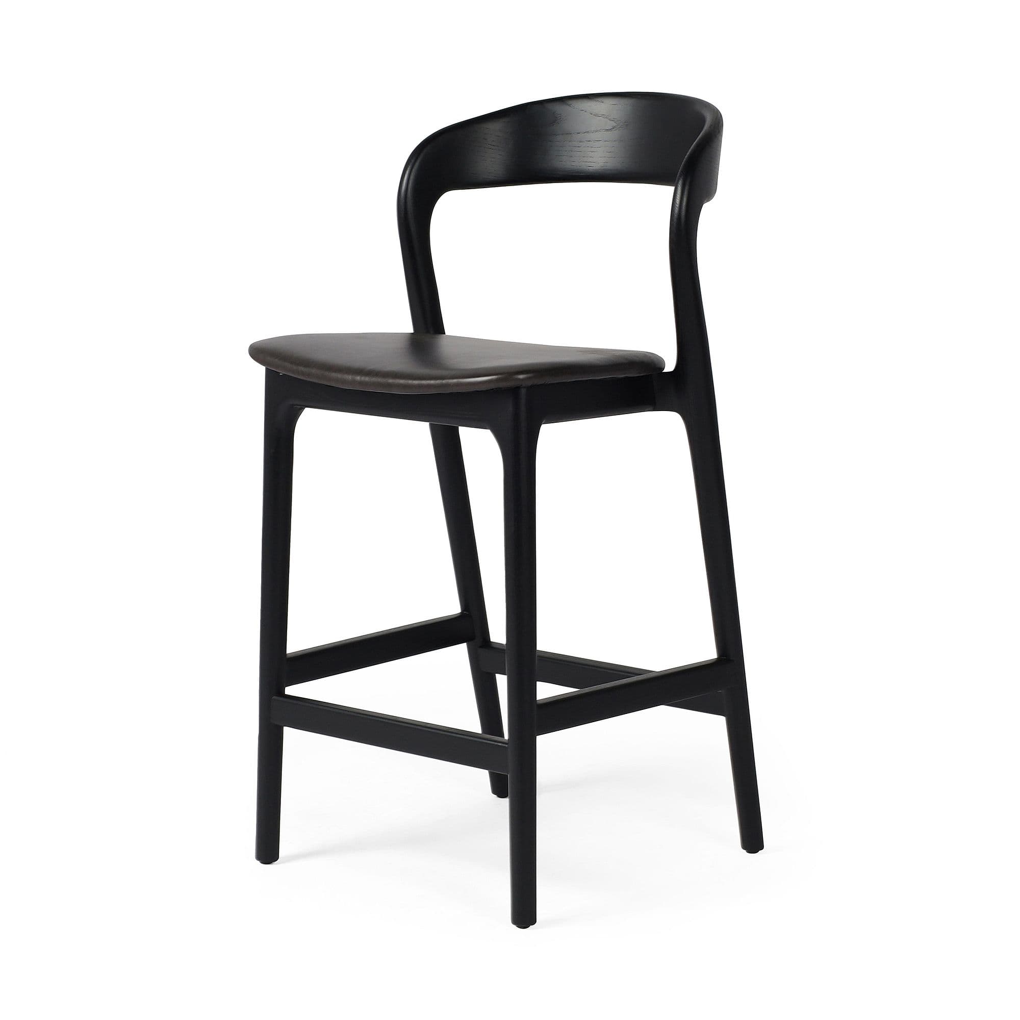 A contemporary bar stool with a black wooden frame and a dark upholstered seat. The stool features a gently curved backrest and a square footrest connecting the tapered legs. — 3D model