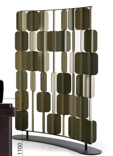 A modern freestanding room divider composed of a curved black metal frame with a flat base, supporting numerous rectangular panels with rounded corners. These panels are arranged vertically in multiple columns, staggered and overlapping, and appear to be made of a felted or fabric material in varying shades of olive green and beige. The design suggests both visual division and potential acoustic dampening properties. — 3D model