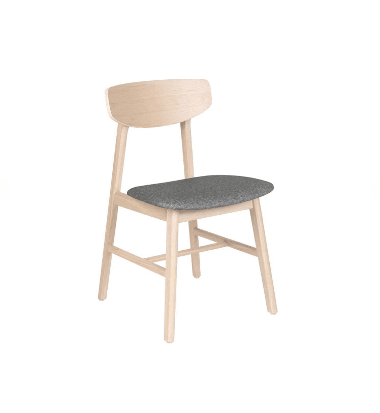 A modern dining chair with a light wood frame and a grey upholstered seat. The chair features a gently curved backrest and simple, tapered legs. — 3D model