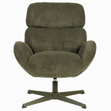 An olive green lounge chair featuring thick corduroy upholstery and a swivel five-star metal base. The chair has a high backrest and integrated armrests, providing a comfortable and modern seating solution. — 3D model