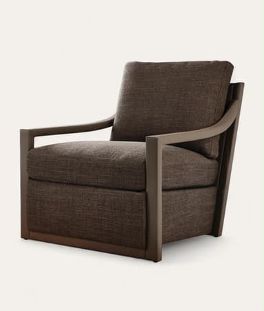 An upholstered lounge armchair featuring a dark brown textured fabric and a visible, sculptural dark wood or faux-wood frame. The chair has thick, comfortable cushions for the seat and back, and integrated armrests that curve elegantly, extending downwards to form the chair's base. The overall aesthetic is contemporary and sophisticated. — 3D model