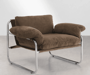 A modern lounge chair featuring a polished tubular chrome frame and plush, brown fabric cushions for the seat, back, and armrests. — 3D model