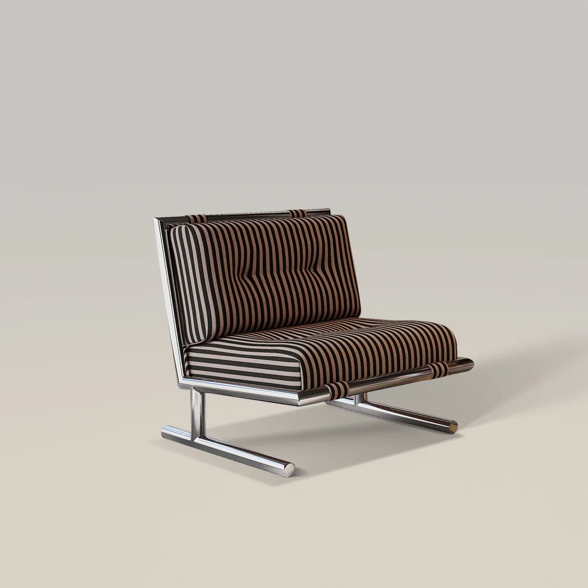A modern armchair featuring a polished chrome metal frame and upholstered cushions with a vertical stripe pattern. The frame has a minimalist design with horizontal base supports and vertical uprights connected to the seat and back. The seat and back cushions are tufted, adding to the upholstered aesthetic. The fabric appears to be a woven textile. — 3D model