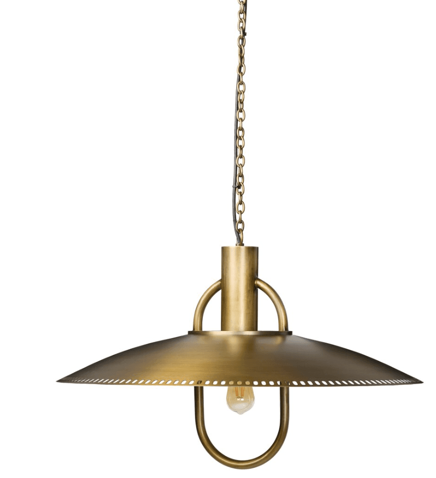 An industrial-style pendant light made from aged brass, featuring a wide, conical shade with a perforated rim and a U-shaped bulb guard, suspended by a chain. — 3D model