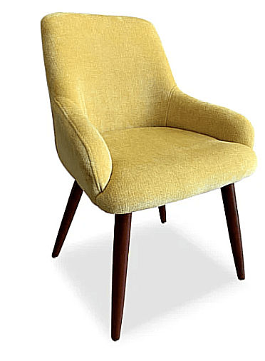 A yellow upholstered accent chair with four tapered wooden legs. The chair features a curved backrest that extends into armrests and a cushioned seat. The upholstery has a visible texture. — 3D model