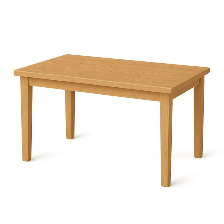 A rectangular dining table crafted from light-toned wood, featuring a flat tabletop with slightly rounded edges and four straight, subtly tapered legs attached at each corner. An apron (skirt) is visible beneath the tabletop, connecting the legs. The design is simple, functional, and unadorned, showcasing the natural grain of the wood. The table appears new and in excellent condition, rendered against a plain white background. — 3D model
