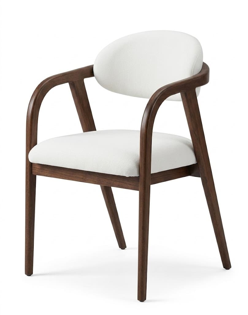 A modern armchair featuring a dark walnut wood frame with gracefully curved armrests and tapered legs, paired with light-colored, textured upholstered seat and back cushions. The design is sleek and contemporary. — 3D model